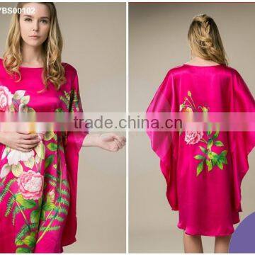 2016new fashion high quality rose digital printing batwing kaftan lady silk dress