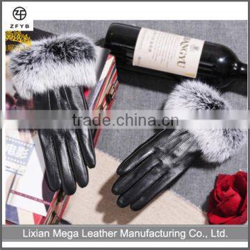 Wholesale Women Black Color Rabbit Fur Winter Leather Hand Glove