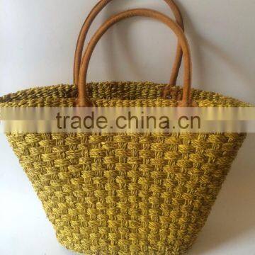 Best quality yellow seagrass plant beach bag with leather handle