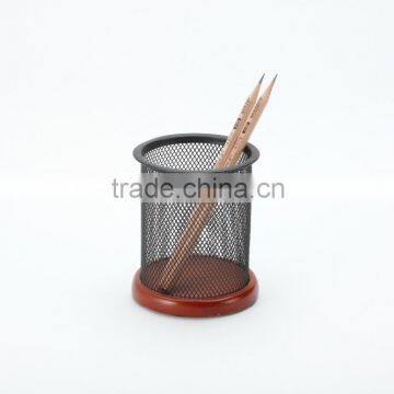 metal mesh school wood base round pen and pencil cup