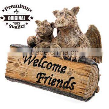 polyresin garden dragon ornament with welcome friend half log sign