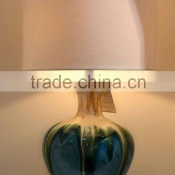 Greece hot sale acrylic round base ceramic table lamp with blue polished lampstand and white cylinder fabric shade made in China