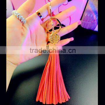 Crystal Rose Flower Leather Tessel Key Chain For Car Key Ring Car Ornaments Charms Women's Handbag Jewelry photo-3
