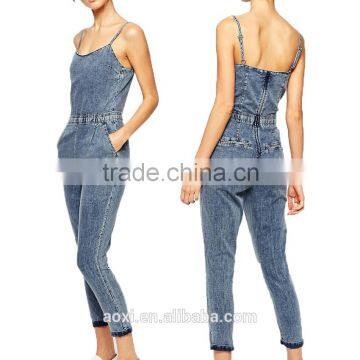 Made in china spaghetti strap blue two pockets sleeveless long jumpsuit