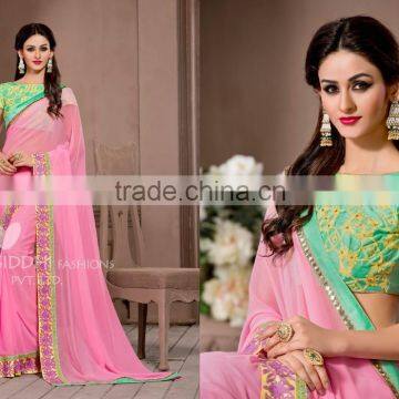 Glided Light Yellow Georgette Saree/Traditional Indian Sarees photo-4