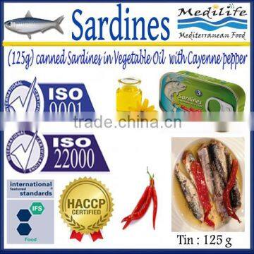 (125g) Canned Sardines in Vegetable Oil and Cayenne pepper,High Quality canned Sardines,Sardines in cans and Cayenne pepper 125g