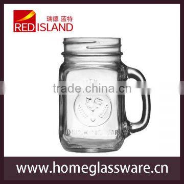 wholesale 17OZ Glass Drinking Mason jar with handle and cock pattern