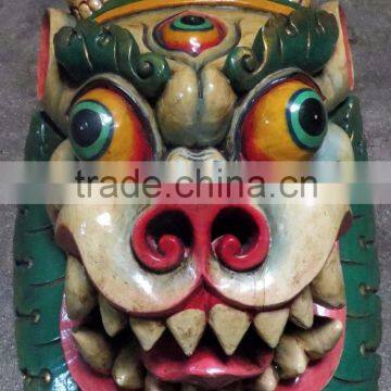 Foo Dog Mask: wood Nepal Tibet Tibetan Buddha Buddhist lion green blue temple