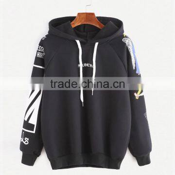 Black Hooded Cartoon Print Raglan Sleeve Crewneck Sweatshirt