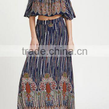 Multicolor Vintage Print off Shoulder Two Piece Set Boho Ruffle Top and Long Skirt photo-2
