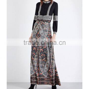 Wholesale Women High Neck Long Sleeves Buttoned Cuffs Geometric Embroidery Crepe Shirt(DQE0163T) photo-2