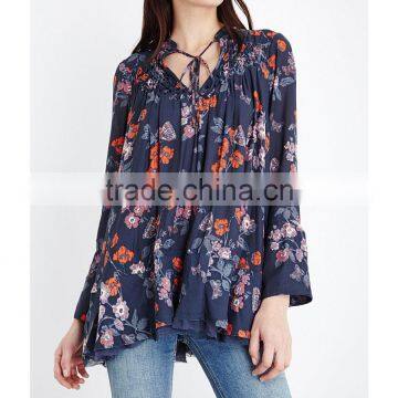 Wholesale Women Band Collar Long Sleeves Slit Cuffs Semi Sheer Floral Print Georgette Blouse(DQE0159T) photo-4