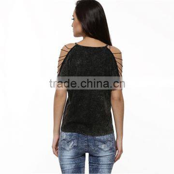 2015 New Stylish Girls Personalized Chain String Sleeve t Shirt, Short Sleeve Black t Shirt photo-2