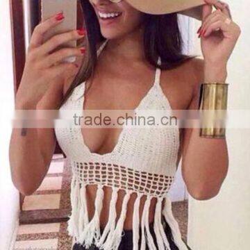 fashion long tassels ends white black ladies crochet bikini top