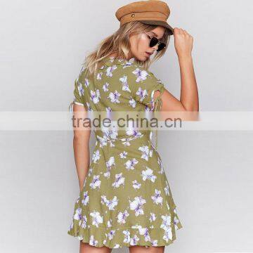 Wrap Over Short Sleeved Sexy Women Dresses Ladies Tie Cuff Floral Casual Dress photo-3