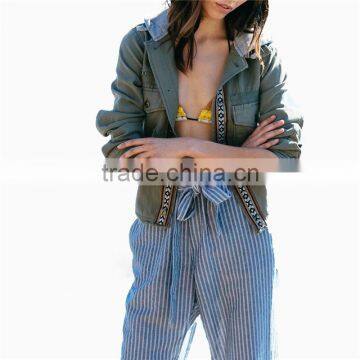 Ladies Navy Blue Jogger Pants Cotton-linen Wide Striped Trousers photo-5
