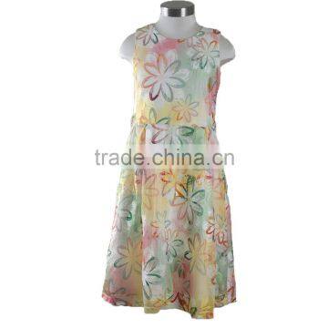 Long sleeveless cotton net frock design girl dress with flower for kids