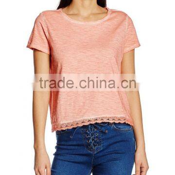 2016 Ladies Thin O-neck Blank t Shirt With Lace Hem