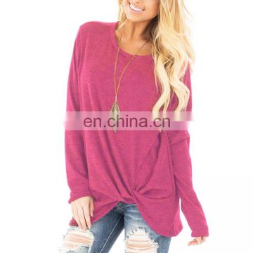 Wholesale Solid Color Hem Irregular Knot Blank Long Sleeve Women T Shirt