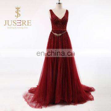 Newest Fashion Low V Backless Gold Metal Belt V Neckline Sequined Beaded Tulle Burgundy Long Evening Dresses 2016