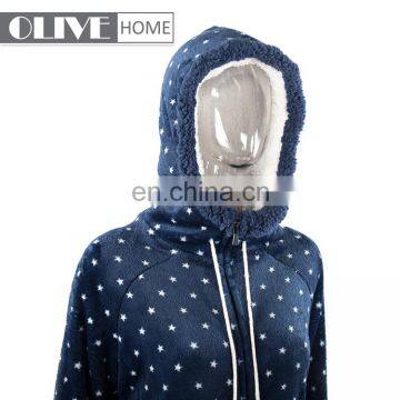 Fashion Design Sherpa Lining Dots Printed Flannel Hoodie Bathrobe With Zipper and Pompom photo-3