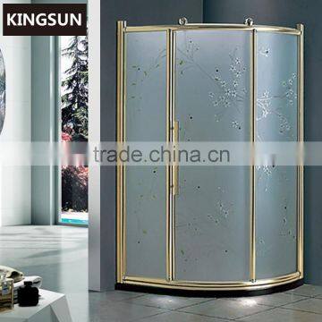 Luxury Design Golden Frame Flower Pattern Ground Glass Corner Bath Shower Enclosure K-7907