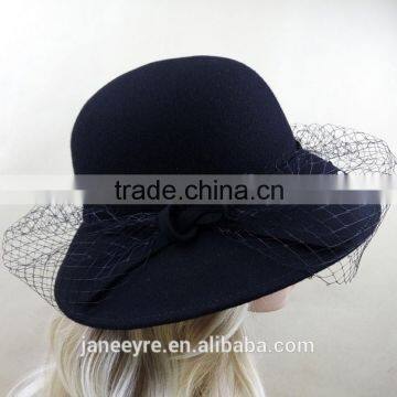 Hot Sale Women's Wide Brim Wool Felt Hats With Veil Fascinator photo-5