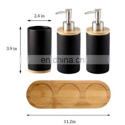 4-Piece Natural Bamboo White and Black Ceramic Bathroom Accessories photo-3