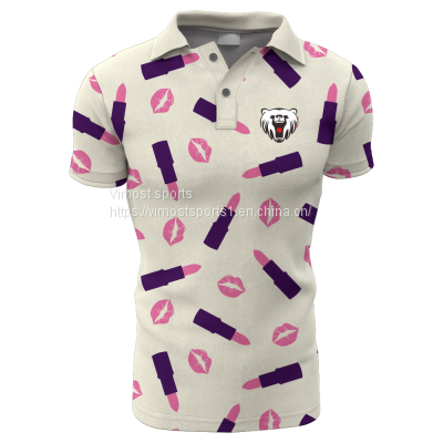 White Customized Sublimation Polo Shirt of Lipstick And Lip Print Pattern With Short Sleeves