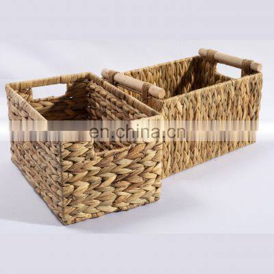 HBK supermarket woven plastic rectangular synthetic seagrass water hyacinth tray leaf carry rattan wicker drawer storage basket