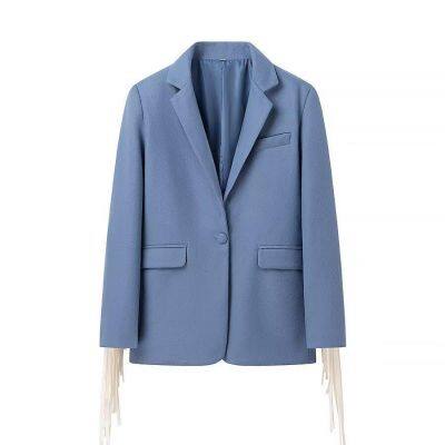 New American retro blue design with tassel loose jacket and suit top