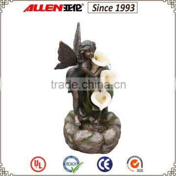 27.6" bronze fairy holding flower cascading water feature fountain, garden water fountains