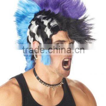 Checkered Mohawk Punk Spikey Purple Blue Men Costume WigW272