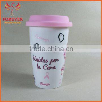 Promotional White Ceramic Mug With Pink Ribbon Printing With Cover Lid