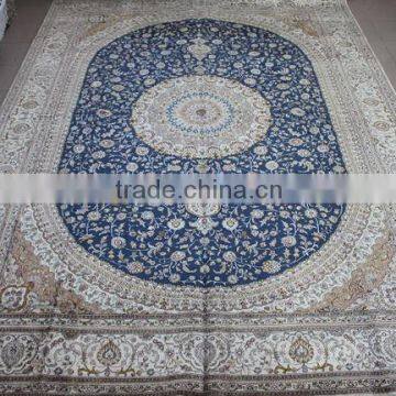 3.048*4.27M Blue and beige persian room area handknotted silk carpet