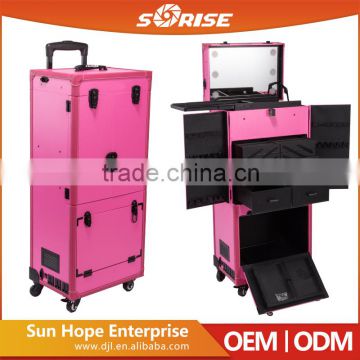 2016 sunrise hot sale pink multifunctional pvc trolley rolling makeup case with led lights