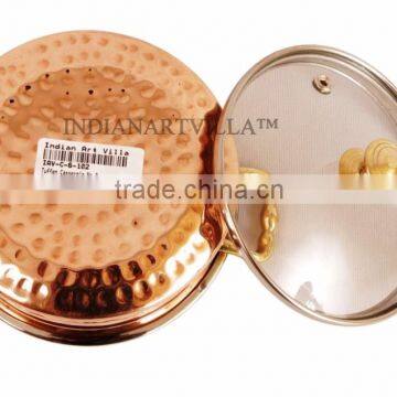 IndianArtVilla Handmade Steel Copper Casserole With Glass Lid 500 ML - Serving Indian Food Home Hotel Restaurant Tableware Gift