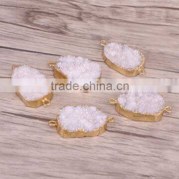 Gold Plated Natural Agate Titanium AB Druzy Geode Connector Double Bails White Druzy Gemstone Geode Jewelry photo-2