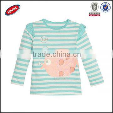 Yarn Dye Striped Embroider Sweet Baby Girl Clothes T-Shirt With Ruffle Wing