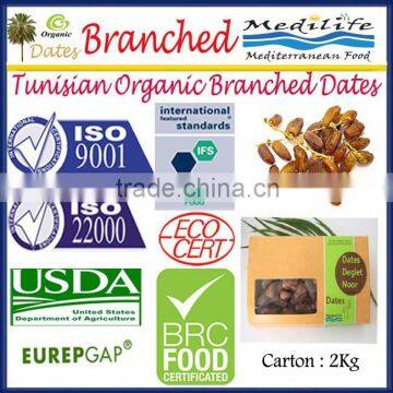 Tunisian Organic Branched Dates. High Quality Organic Branched Dates, Tunisian Dates Fruit, Organic Dates 2 Kg Carton.