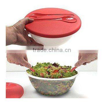 Salad/Storage/Serving bowl with built in serving spoon and fork