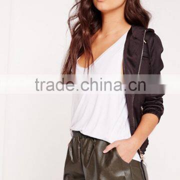 Custom Ladies Khaki Elasticated Waist Faux Leather Shorts photo-3