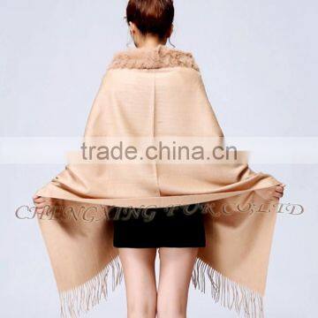 CX-B-P-34C Fur Trimmed Cape Fashion Cashmere Scarf photo-3