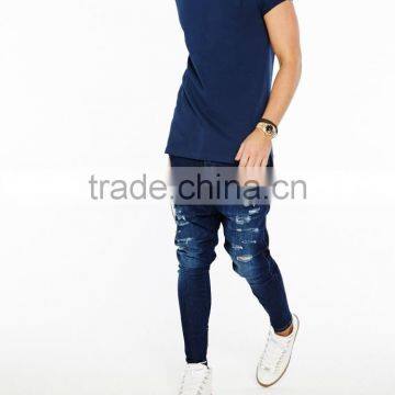 Mens Skinny Unique Design Zipper Blue Stretch Spandex Jeans Mid Waist Urban Style photo-3