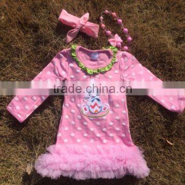 2015 new baby girls pink white polka dot bunny Easter dress with necklace and headband set