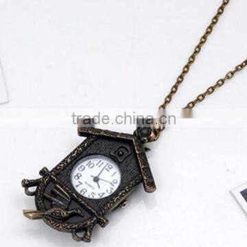 Vintage Cartoon Carved Bird House Pocket Watch Long Chain Pendant Necklace