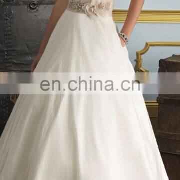 Strapless Contrast Band and Flowers Wedding Gown