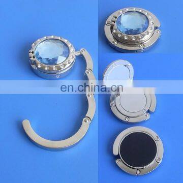 Promotional round shape blue rhinestone purse hanger with mirror