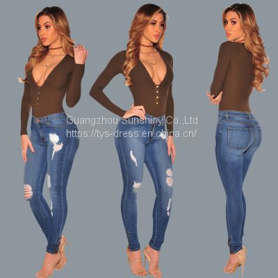 Wholesale Custom Women Ripped Jeans Pants High Waist Bell Bottom Wide Leg Ladies Denim Jeans