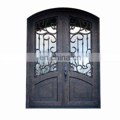 Apartment entrance double casement open art style heavy duty screen parts bottom kick plate security wrought iron and glass door